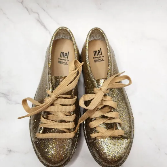 NWT Mel by Melissa Gold Sneakers Flats Mini Melissa Rubber Shoes Jellies Youth 2