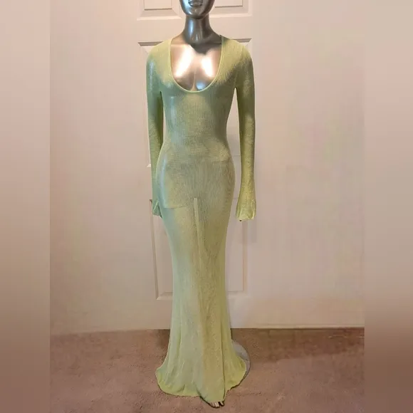 NWT Mojitos By The Pool Sage Sheer Knit Long Sleeve Sweater Maxi Dress Sz M