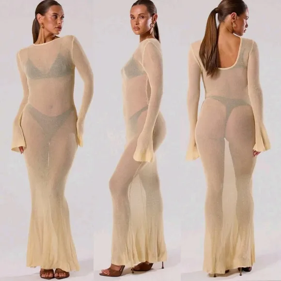 NWT Mojitos By The Pool Sage Sheer Knit Long Sleeve Sweater Maxi Dress Sz M