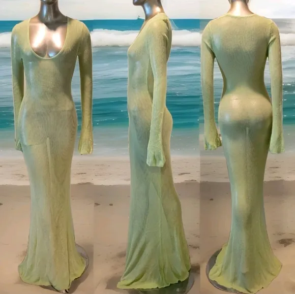 NWT Mojitos By The Pool Sage Sheer Knit Long Sleeve Sweater Maxi Dress Sz M