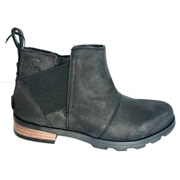 NWT Sorel Emelie Chelsea bootie black genuine waterproof leather ankle boots 7.5