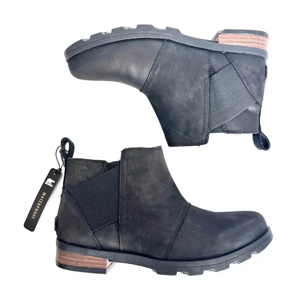 NWT Sorel Emelie Chelsea bootie black genuine waterproof leather ankle boots 7.5