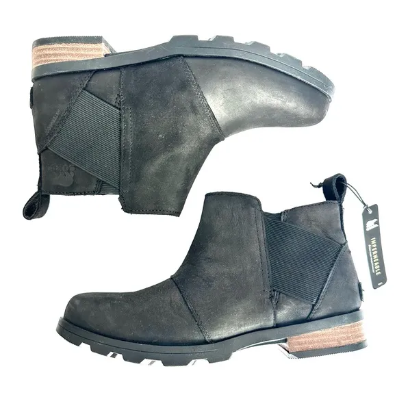 NWT Sorel Emelie Chelsea bootie black genuine waterproof leather ankle boots 7.5