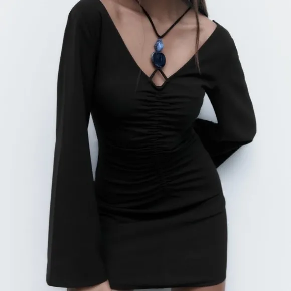 NWT Zara black stone accent bell sleeve flare mini dress | zara v neck dress