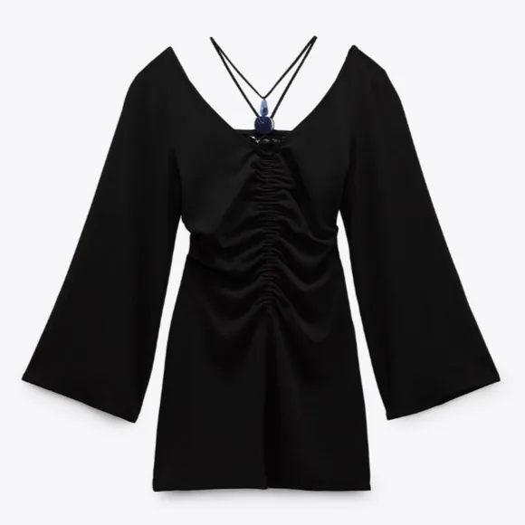 NWT Zara black stone accent bell sleeve flare mini dress | zara v neck dress