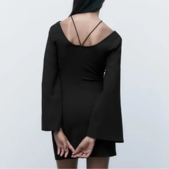 NWT Zara black stone accent bell sleeve flare mini dress | zara v neck dress