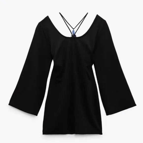 NWT Zara black stone accent bell sleeve flare mini dress | zara v neck dress