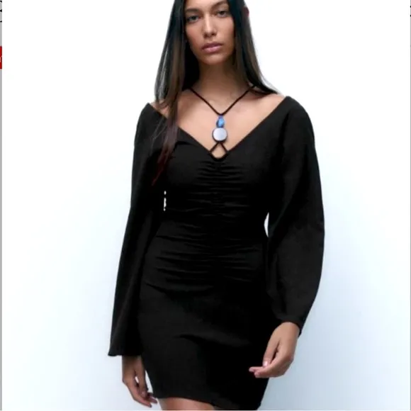 NWT Zara black stone accent bell sleeve flare mini dress | zara v neck dress