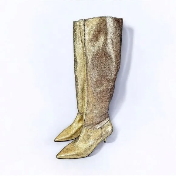 NWT ZARA Bloggers Favorite Gold Metallic Stretch Slouch Tall Kitten Heel Boots 6