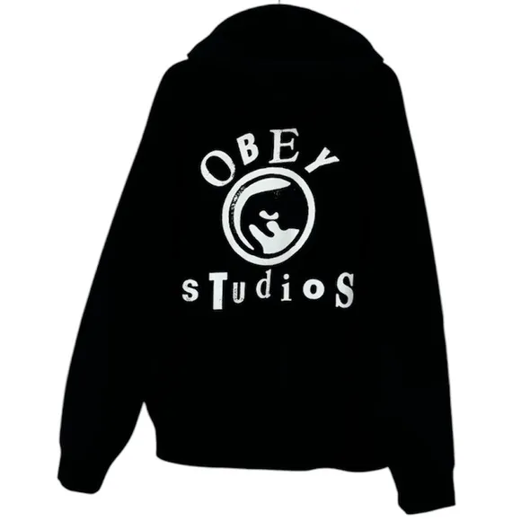 Obey Hooded Sweatshirt Black Hoodie Graphic Streetwear Grunge Goth Size Large