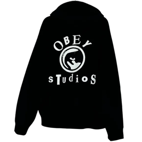 Obey Hooded Sweatshirt Black Hoodie Graphic Streetwear Grunge Goth Size Large