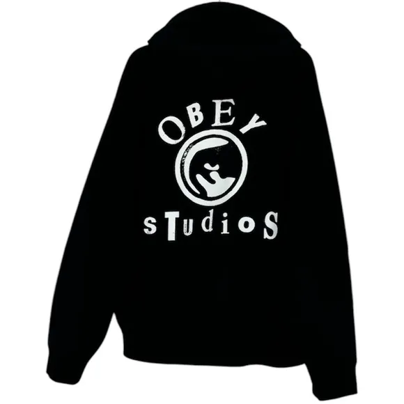 Obey Hooded Sweatshirt Black Hoodie Graphic Streetwear Grunge Goth Size Large