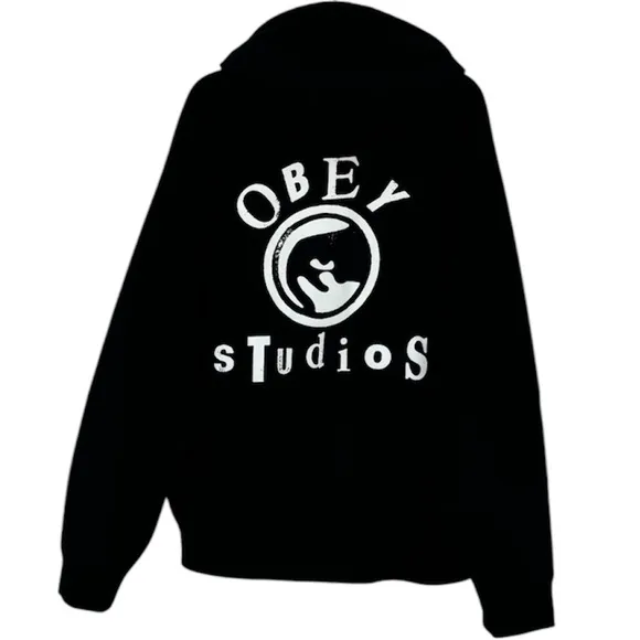 Obey Hooded Sweatshirt Black Hoodie Graphic Streetwear Grunge Goth Size Large