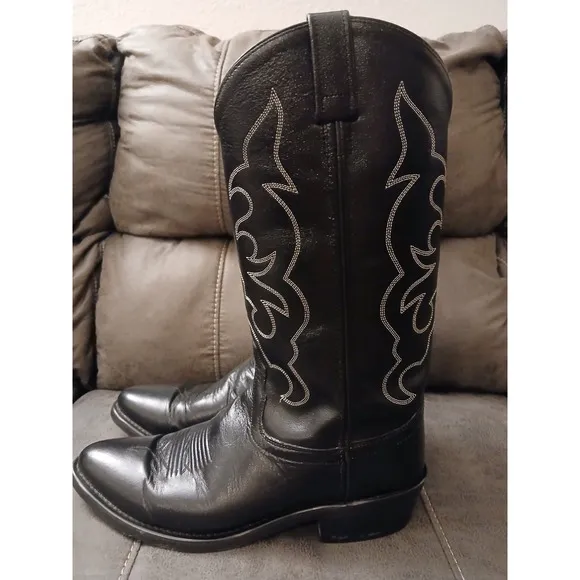 Old West Men's Cowboy Boots Black Sz 10.5 D Pull On Western Leather TBM3010 #909