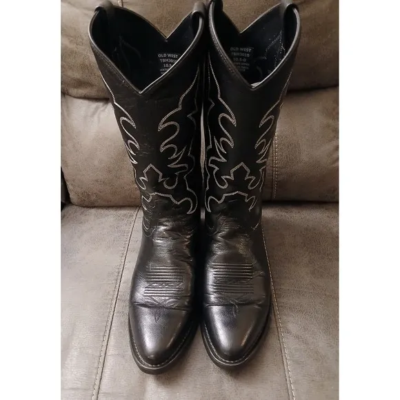Old West Men's Cowboy Boots Black Sz 10.5 D Pull On Western Leather TBM3010 #909