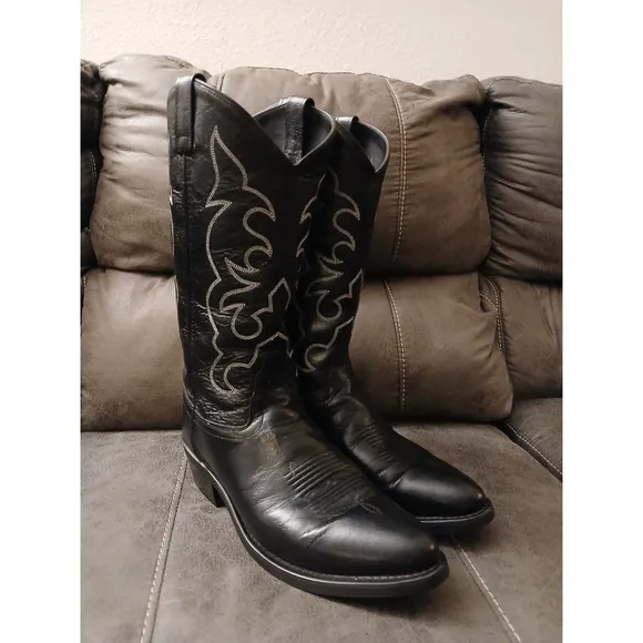 Old West Men's Cowboy Boots Black Sz 10.5 D Pull On Western Leather TBM3010 #909