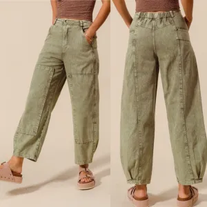Olive green mid rise elastic banded boho bohemian casual chic barrel jeans