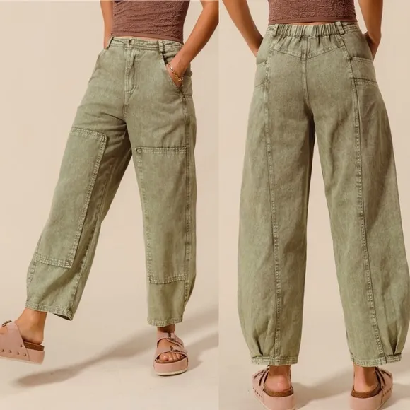 Olive green mid rise elastic banded boho bohemian casual chic barrel jeans