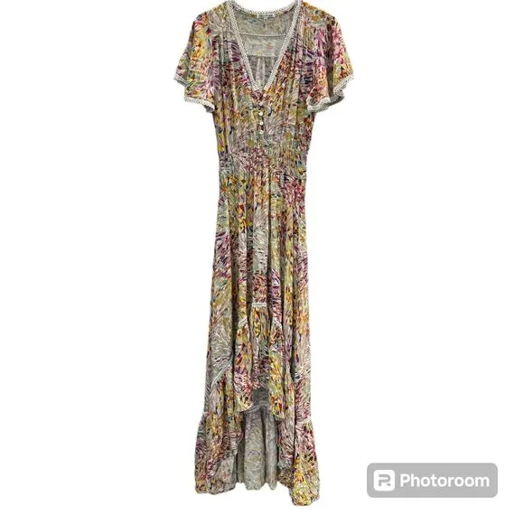 Olivia Graye Floral Maxi Dress Western Boho Style Ruffle V Neckline Short Sleeve