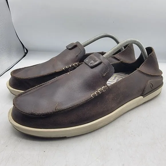 Olukai Kakaha Mens 10 Brown Leather Slip On Shoes Casual Comfort 10490-4848