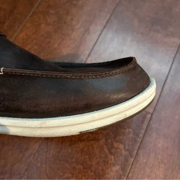 OluKai “Kakaha” Men's Dark Rich Brown Leather Loafers Boat Shoes, Size 14