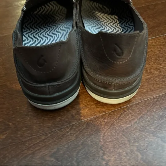OluKai “Kakaha” Men's Dark Rich Brown Leather Loafers Boat Shoes, Size 14