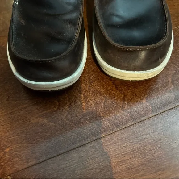 OluKai “Kakaha” Men's Dark Rich Brown Leather Loafers Boat Shoes, Size 14