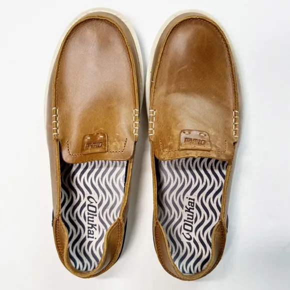 Olukai Kakaha Slip On‎ Shoes Brown Lagoon Leather Classic Minimalist Men’s 8.5