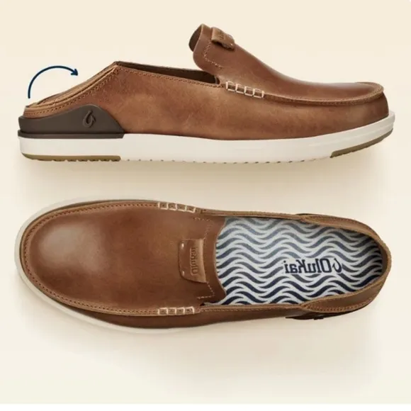 Olukai Kakaha Slip On‎ Shoes Brown Lagoon Leather Classic Minimalist Men’s 8.5