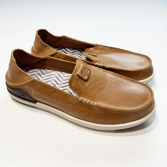 Olukai Kakaha Slip On‎ Shoes Brown Lagoon Leather Classic Minimalist Men’s 8.5
