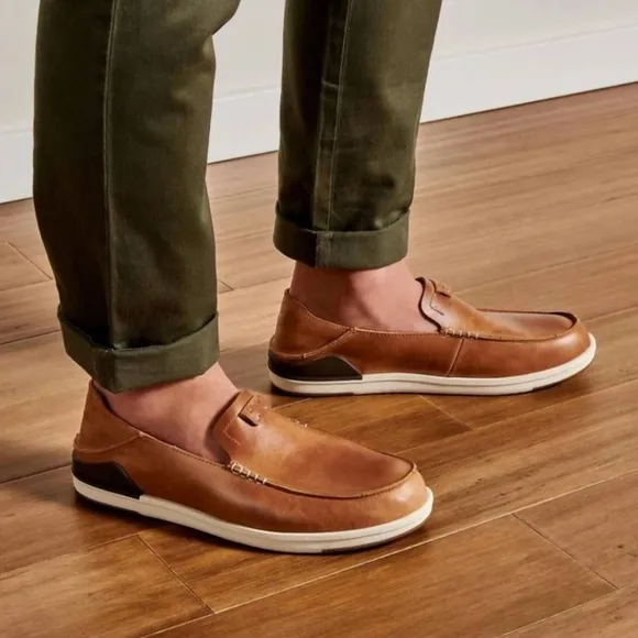 Olukai Kakaha Slip On‎ Shoes Brown Lagoon Leather Classic Minimalist Men’s 8.5