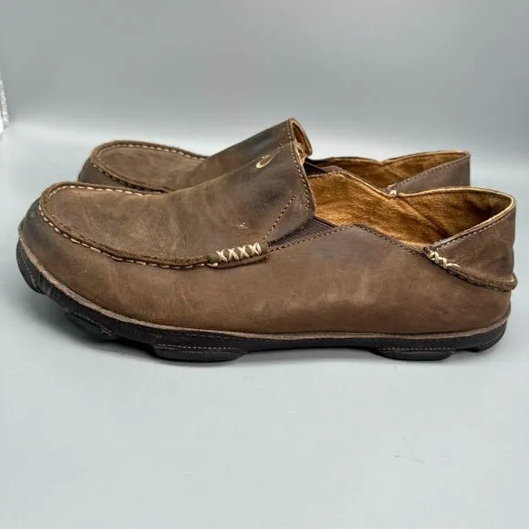 OluKai Moloa Men's 10 Dark Brown Leather Slip-On Low Top Casual Comfort Loafers