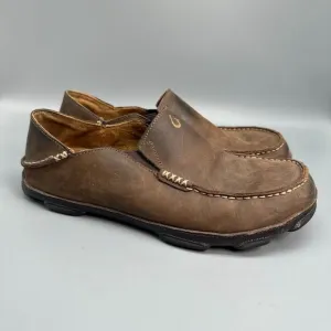 OluKai Moloa Men's 10 Dark Brown Leather Slip-On Low Top Casual Comfort Loafers