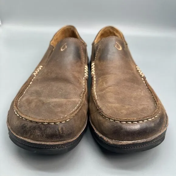 OluKai Moloa Men's 10 Dark Brown Leather Slip-On Low Top Casual Comfort Loafers