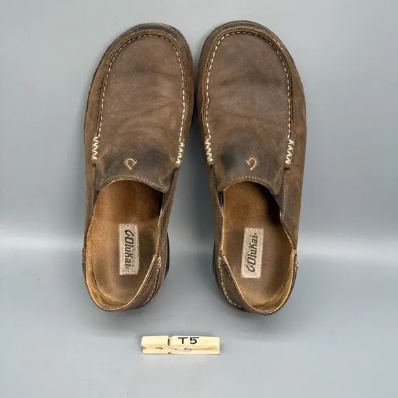 OluKai Moloa Men's 10 Dark Brown Leather Slip-On Low Top Casual Comfort Loafers