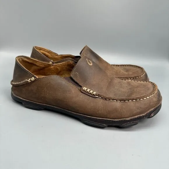 OluKai Moloa Men's 10 Dark Brown Leather Slip-On Low Top Casual Comfort Loafers
