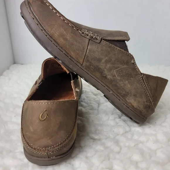 Olukai Moloa Mens Size 4 Brown Waxed Nubuck Leather Moc Comfort Loafers Shoes