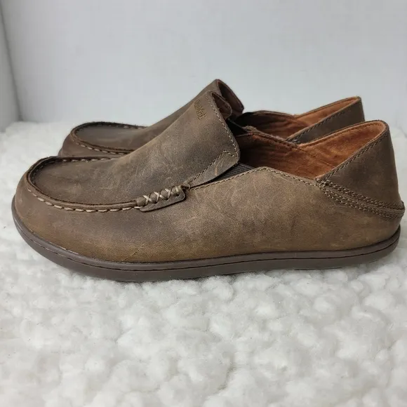 Olukai Moloa Mens Size 4 Brown Waxed Nubuck Leather Moc Comfort Loafers Shoes