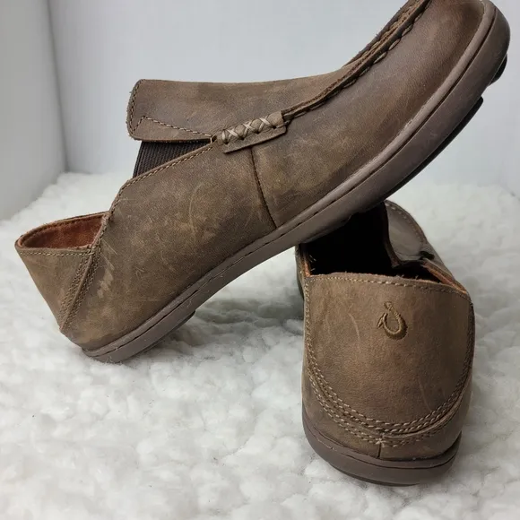 Olukai Moloa Mens Size 4 Brown Waxed Nubuck Leather Moc Comfort Loafers Shoes