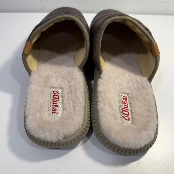 OluKai Mua Ili Slip On Mules Slides Brown Leather Faux Fur Lined Shoes Men’s 13
