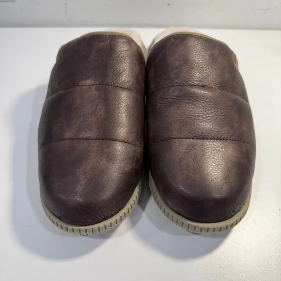 OluKai Mua Ili Slip On Mules Slides Brown Leather Faux Fur Lined Shoes Men’s 13