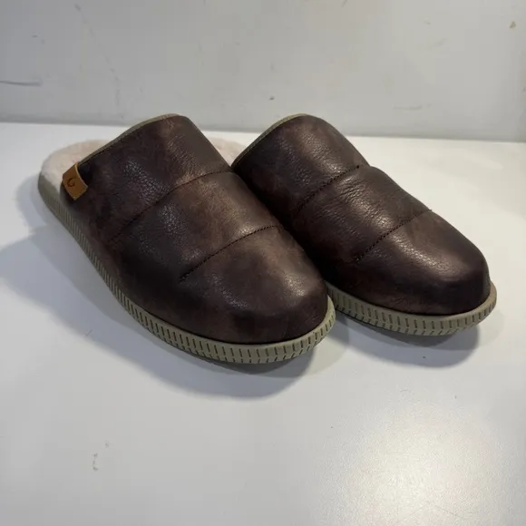 OluKai Mua Ili Slip On Mules Slides Brown Leather Faux Fur Lined Shoes Men’s 13