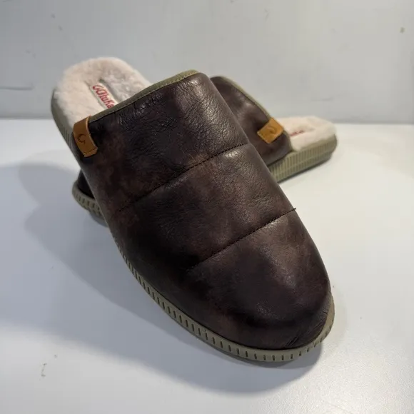 OluKai Mua Ili Slip On Mules Slides Brown Leather Faux Fur Lined Shoes Men’s 13
