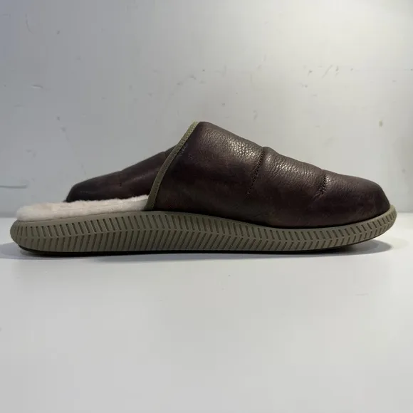 OluKai Mua Ili Slip On Mules Slides Brown Leather Faux Fur Lined Shoes Men’s 13