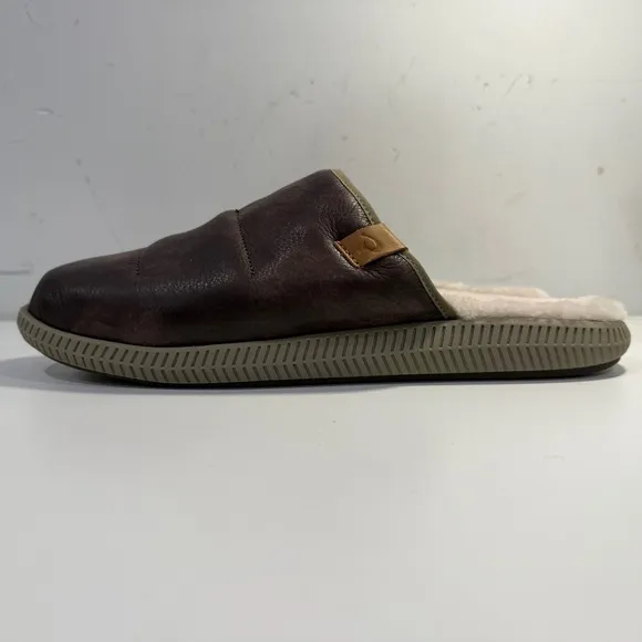 OluKai Mua Ili Slip On Mules Slides Brown Leather Faux Fur Lined Shoes Men’s 13