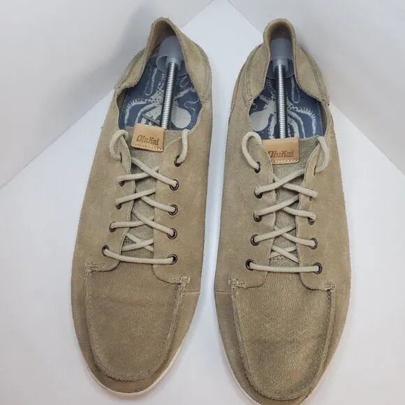 Olukai Nalukai KALA Tan Beige Leather Lace Up Loafer Shoes Men’s Size 13