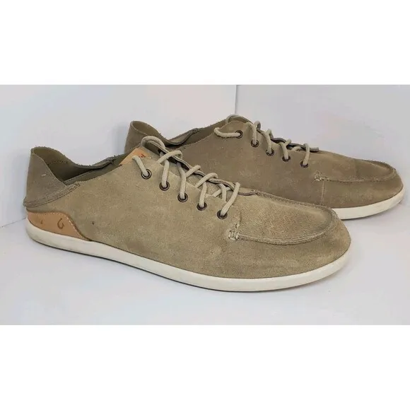 Olukai Nalukai KALA Tan Beige Leather Lace Up Loafer Shoes Men’s Size 13