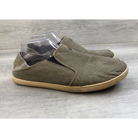 Olukai Nohea Lole 10346-10 Men 10M Gray Textile Canvas Slip-On Flat Loafer Shoes