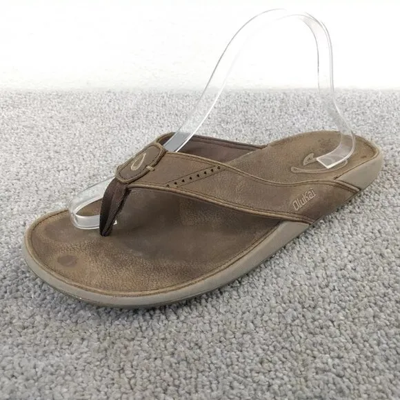 Olukai Nui Flip Flop Sandals Mens Size 10 Shoes Brown Leather Beach Surfing