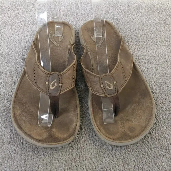 Olukai Nui Flip Flop Sandals Mens Size 10 Shoes Brown Leather Beach Surfing
